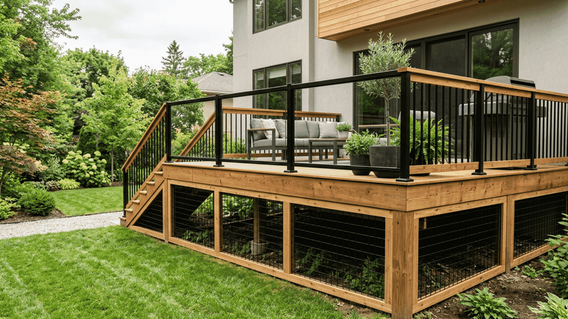 Wire mesh skirting inside wood frames under a deck