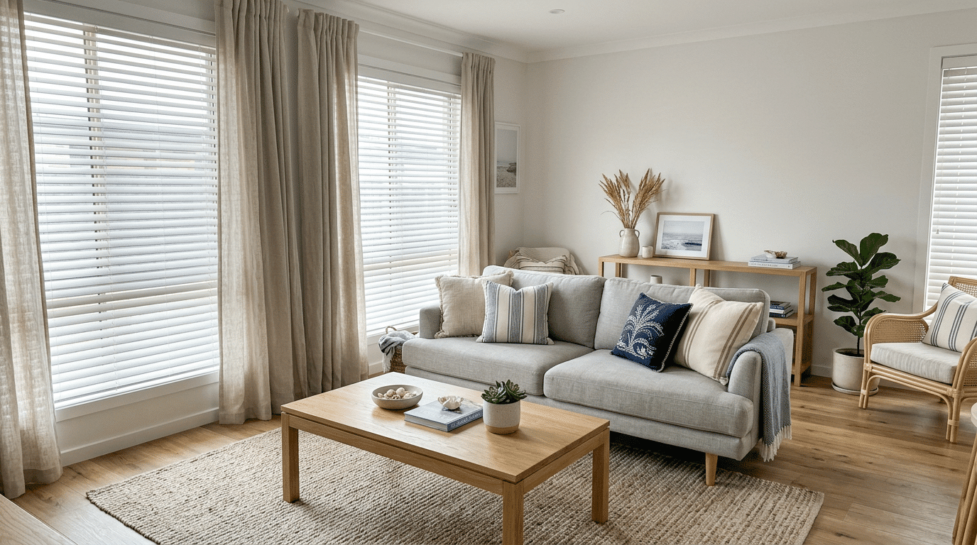 light oak wood tones with linen curtains and cotton pillows in a coastal living room
