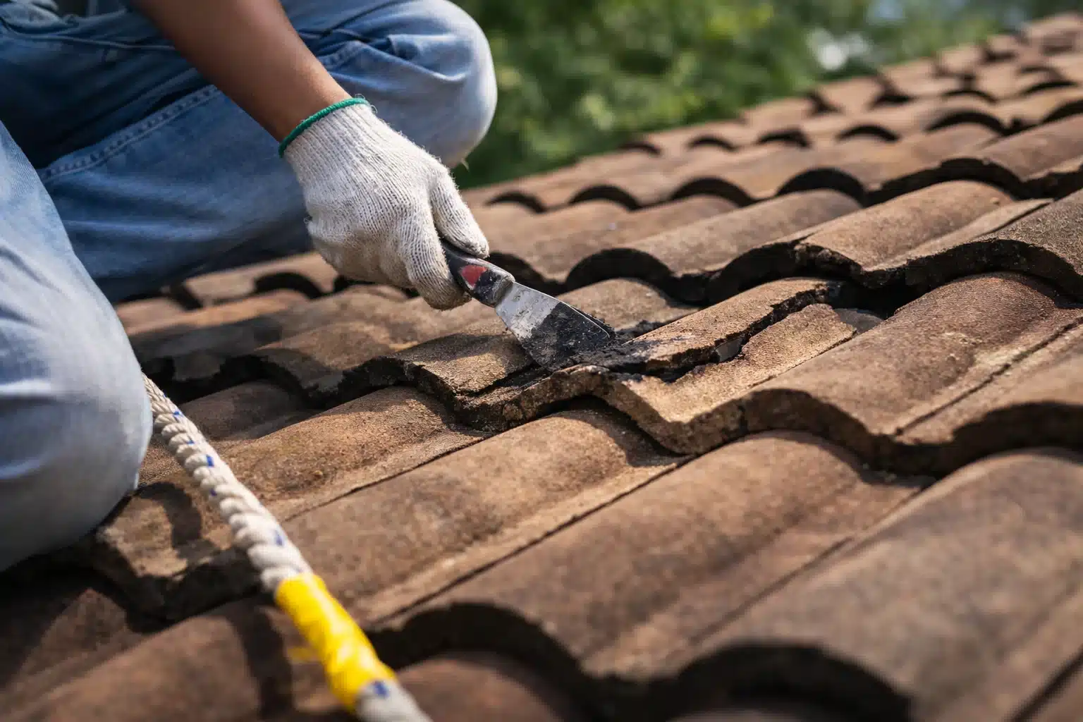 Worker wearing gloves repairs cracked clay roof tiles with trowel while secured by safety rope