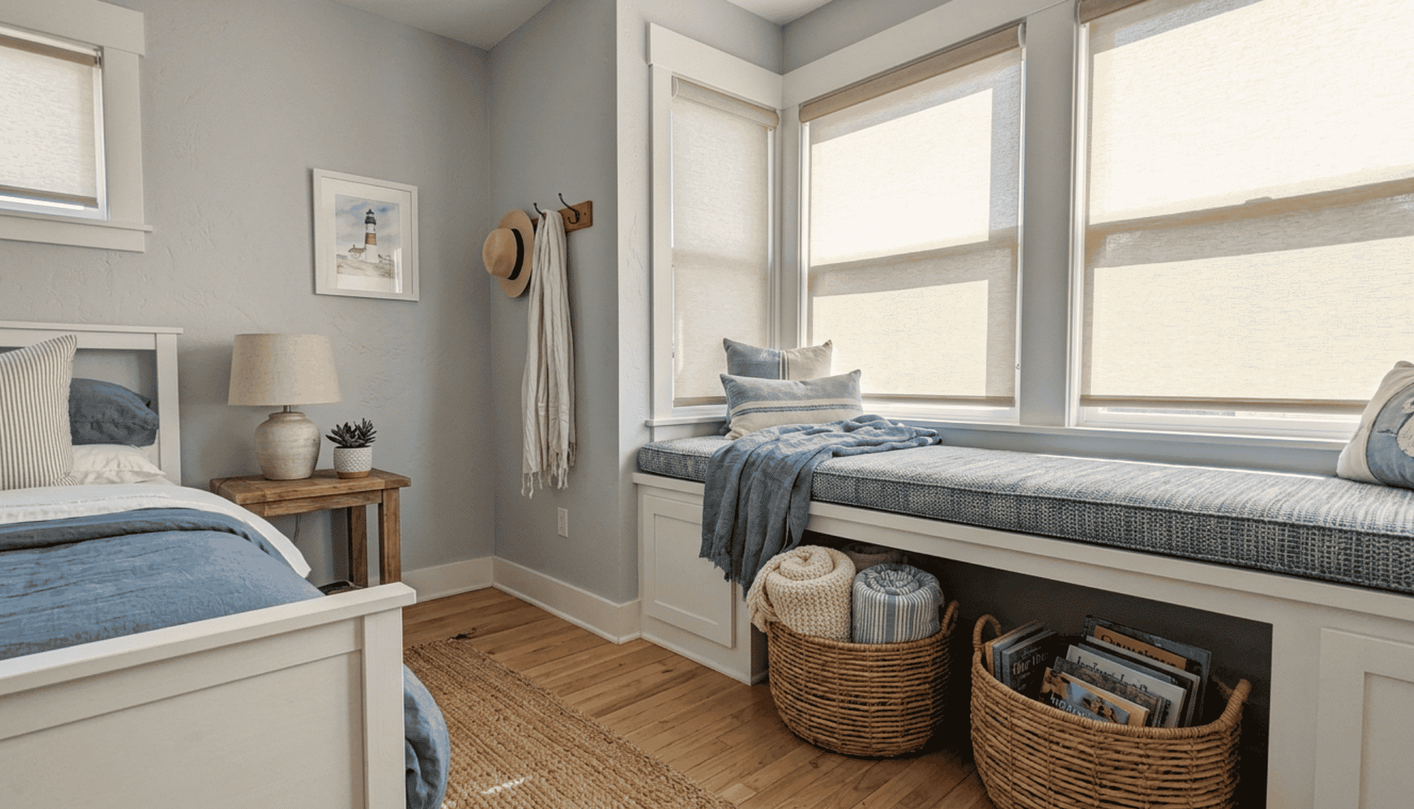 coastal bedroom with woven baskets in the corner and under a window seat