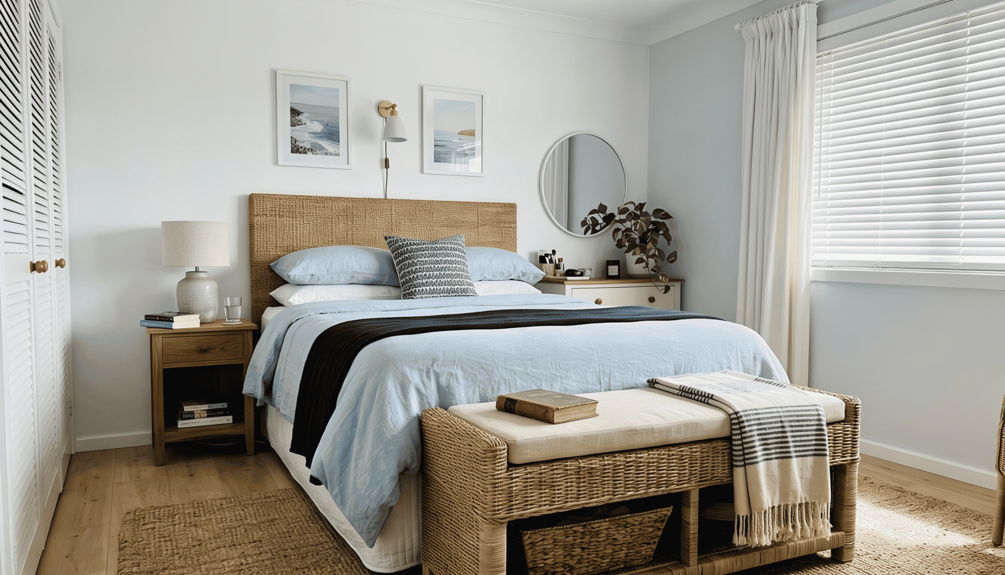 coastal bedroom with a woven storage bench at the foot of the bed