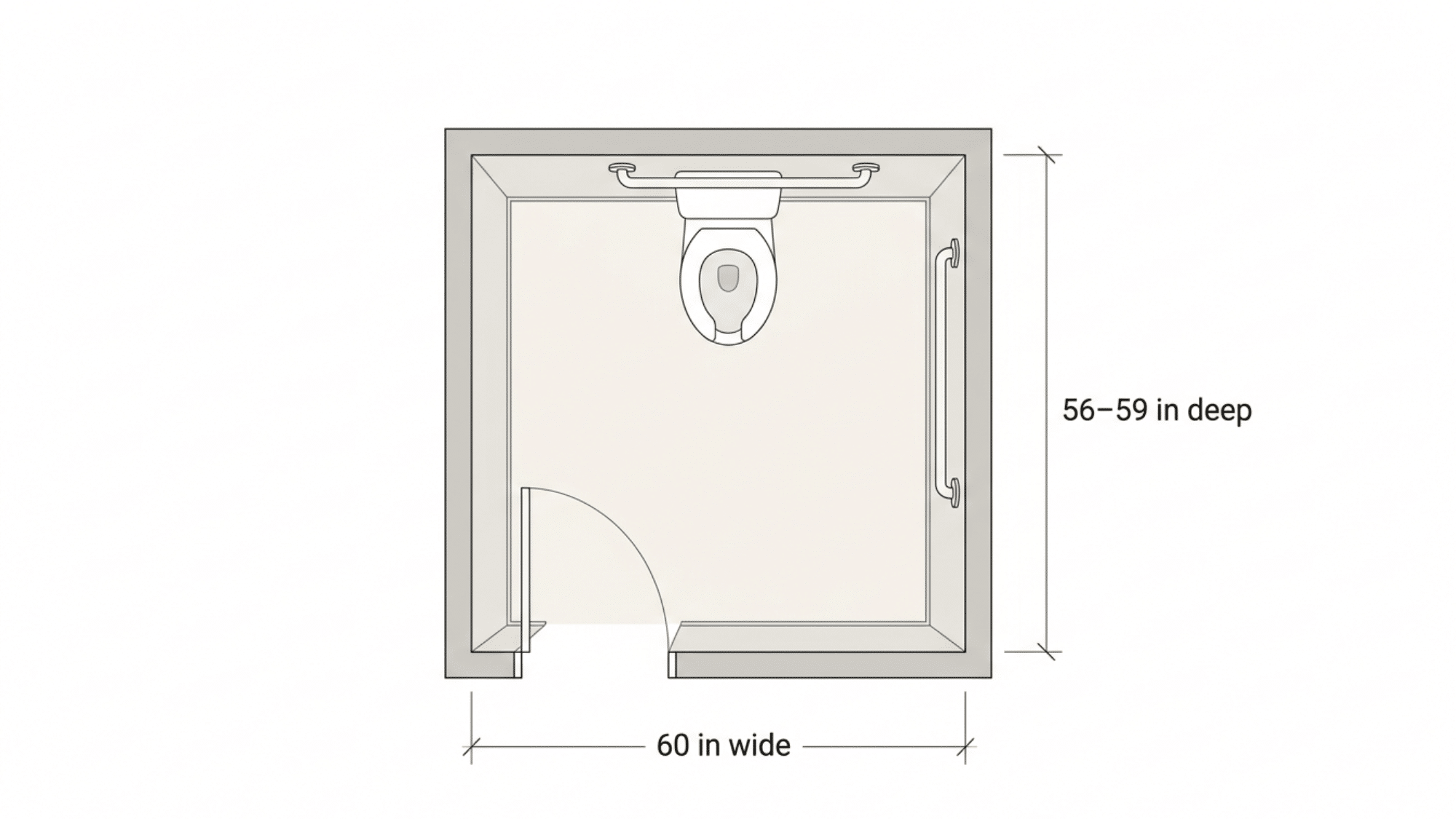 Accessible toilet room plan with 60-inch width and 56–59-inch depth.