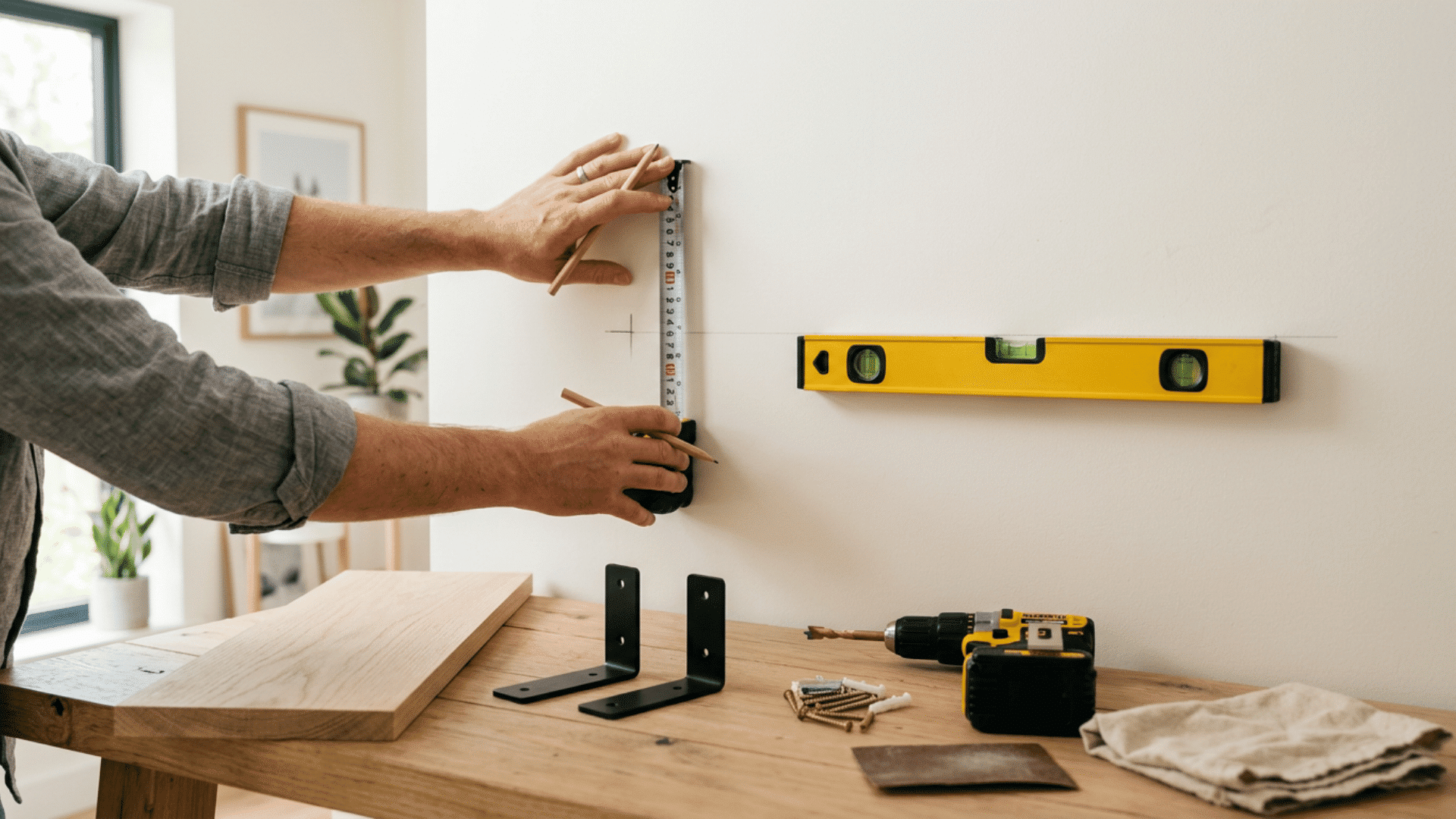 Hands measuring and marking a white wall for shelf brackets with a level nearby.