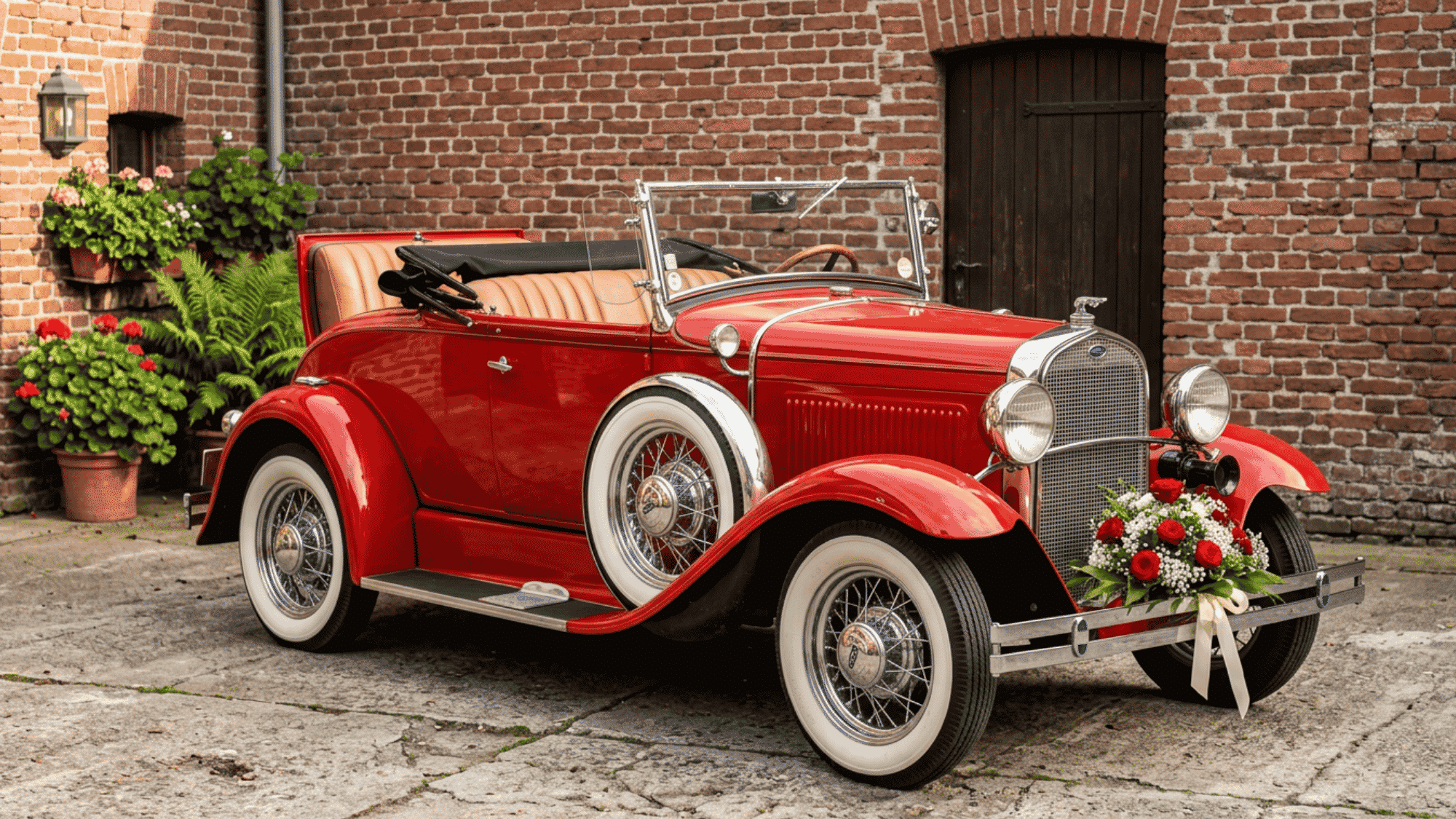 Red vintage car parked beside a brick wall with classic whitewall tires.