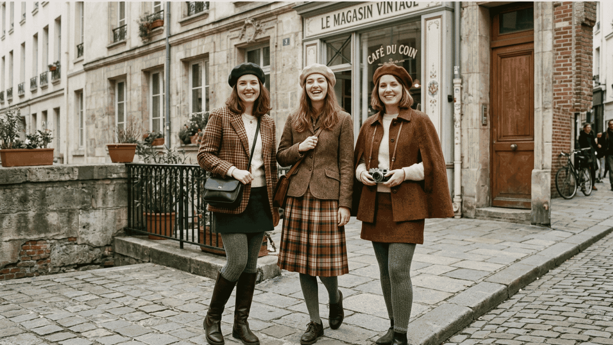 Three women wearing vintage-style outfits on a cobblestone street.