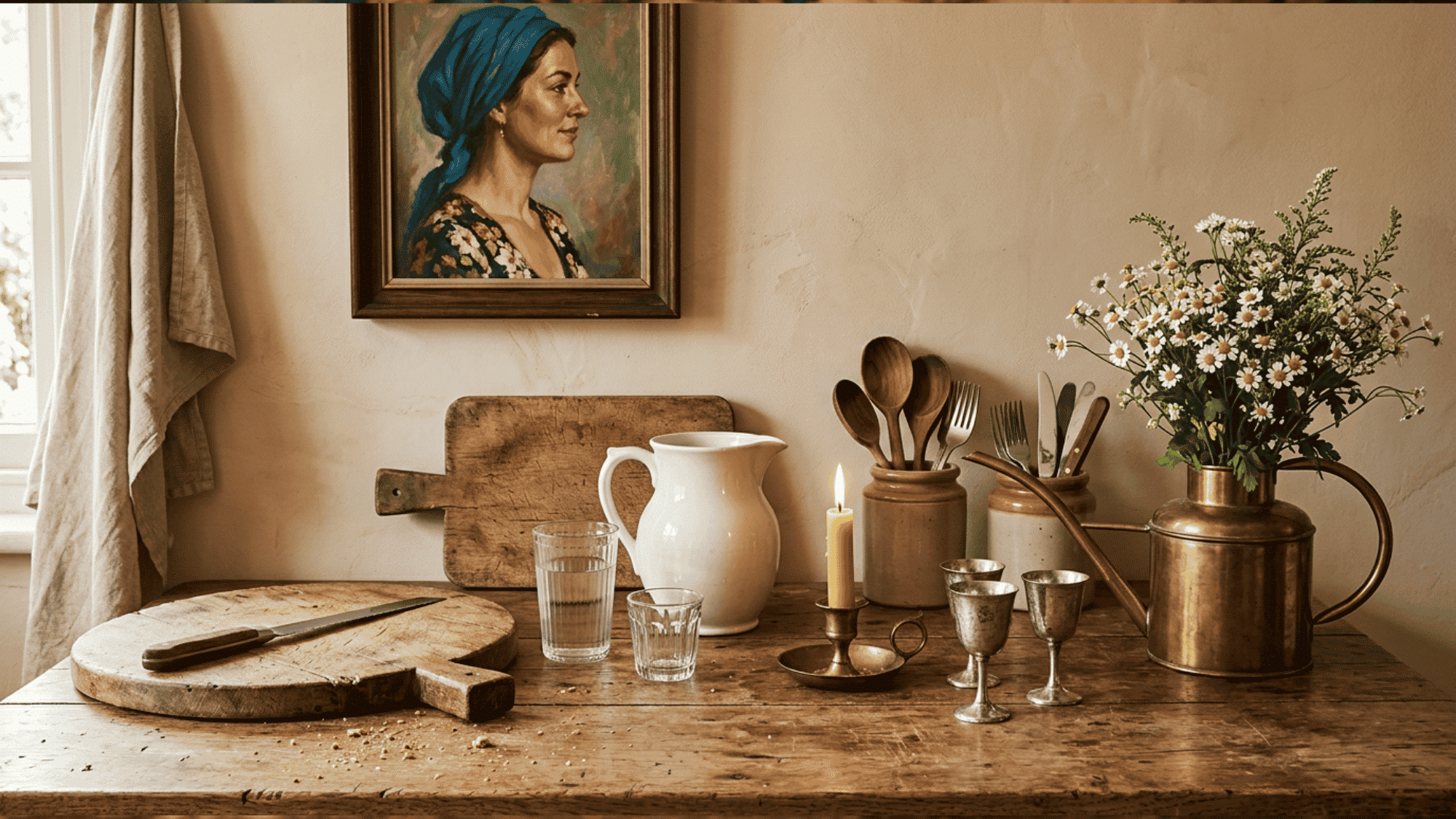 Vintage tabletop decor with wooden boards, portrait painting, candle, glassware, and white pitcher